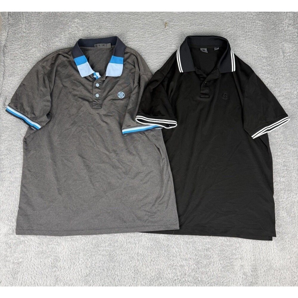 G/FORE Golf Polo Shirts Mens Lot of 2 Black Gray Striped Trim Short Sleeve￼